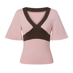 Contrast Colour Cross V-Neck Short Sleeve Crop Top