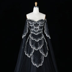 Off-Shoulder Tulle Sequin Flower Petal Embroidered Gown