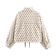 Beige Polka Dot Zipper Fleece Coat