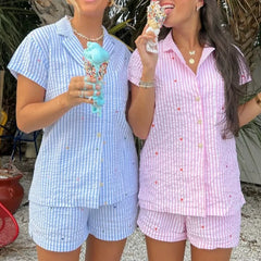 Striped Heart Short Sleeve Top And Shorts Sleepwear Set