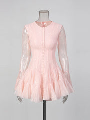 Lace Sheer Pleated Buttoned Long Sleeve Mini Dress