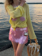 Sheer Shell Embroidered Yellow Knit Long Sleeve Top