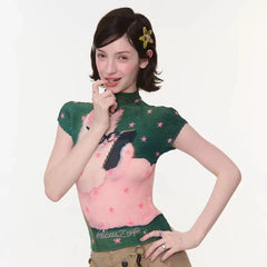 Star Cat Print High Collar Short Sleeve Top