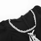 Lace Tie-Up Black Puff Long Sleeve Mini Dress