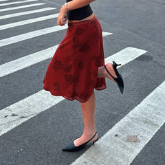 Red Floral Print Low Waist Double Layer Mesh Midi Skirt