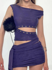 Blue Metal Cut Out Off-Shoulder Tank Top And Mini Skirt Set