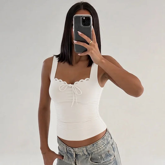 Lace-up Bow Lace Trim Tank Top