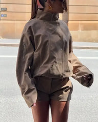 Solid Stand Collar Suede Jacket