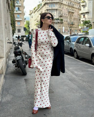 White Satin Red Flower Print Long Sleeve Maxi Dress - Free From Label