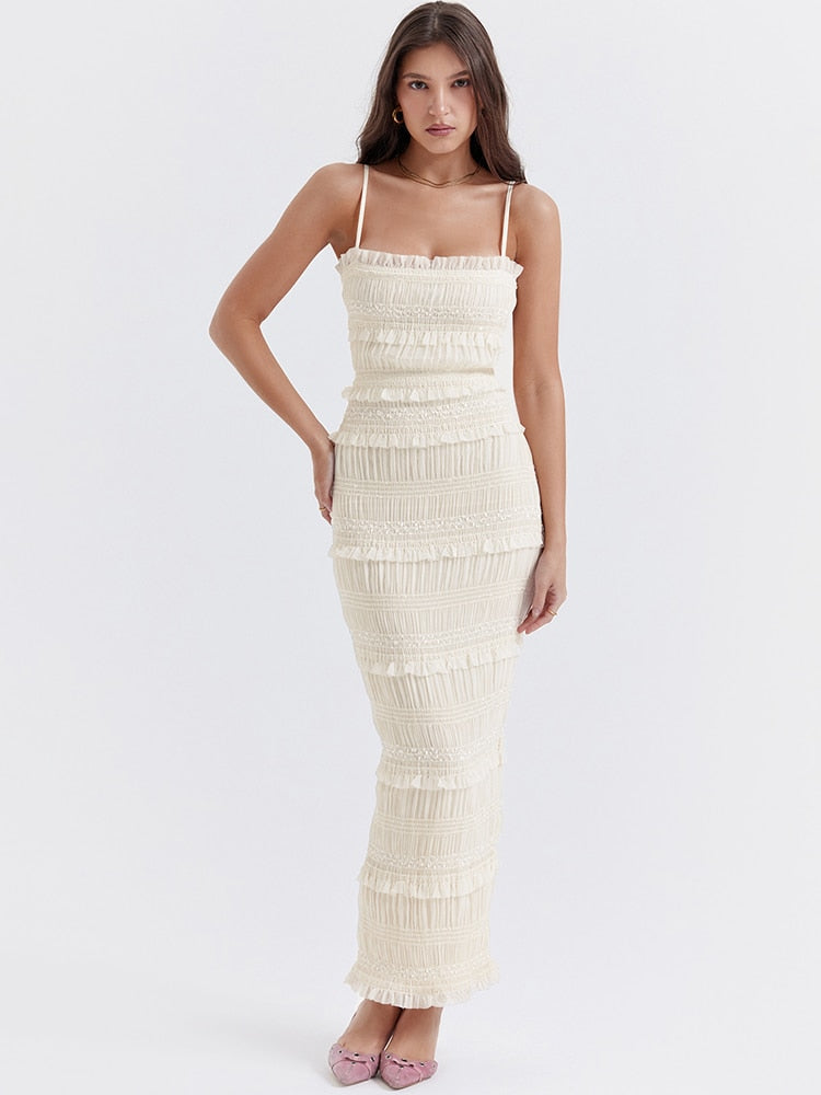 White Pleated Ruched Maxi Dress