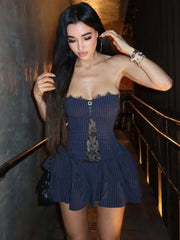 Blue Stripe Lace Patchwork Strapless Mini Dress