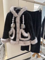 Black Fur Fleece 3 Piece Sleepwear Set