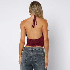 Lace Splice Backless Halter Open Back Top