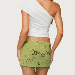 Green Sequin Tassle Mini Skirt