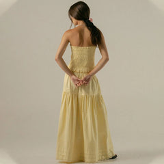 Yellow Ruched Strapless Crop Top And Maxi Skirt Set
