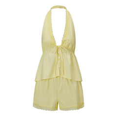 Halter Button Sleeveless Top And Shorts Set