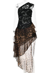 Lace One Shoulder Leopard Print Ruffle Asymmetrical Hem Midi Dress