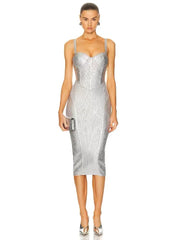 Silver Spaghetti Strap Bandage Midi Dress