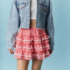 Gingham Elastic Waist Lace Trim Ruffle Layered Skort