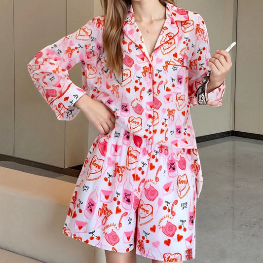 Valentine's Day Long Sleeve Heart Envelope Print Shirt And Shorts Set Pyjamas Set