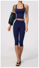 Two-Tone Contrast Seam Crop Top And Capri Leggings Set