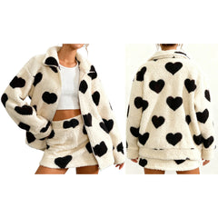 Heart Print Fuzzy Fleece Zip Up Jacket