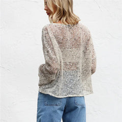 Silver Sequin Mesh Long Sleeve Top