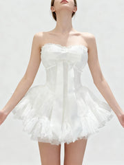 Bowknot Strapless Lace Tulle Mini Dress
