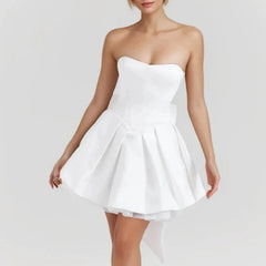 White Satin Tulle Back Bow Mini Strapless Dress