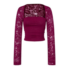 Lace Long Sleeve Square Neck Crop Top