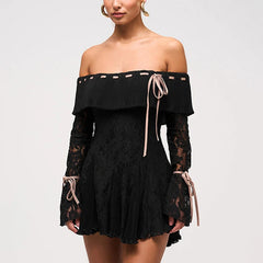 Black Off-Shoulder Lace Sleeve Mini Dress