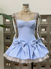 Gingham Spaghetti Strap Bow Tulle Hem Mini Dress