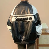 Faux Leather Racing Embroidered Bomber Jacket