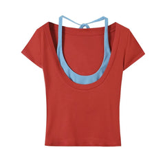 Red Short Sleeve Blue Strap Top