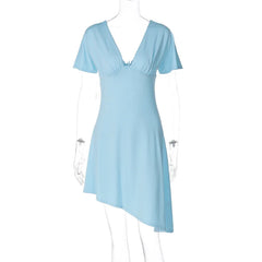 Blue Deep V-Neck Short Sleeve Asymmetrical Hem Midi Dress