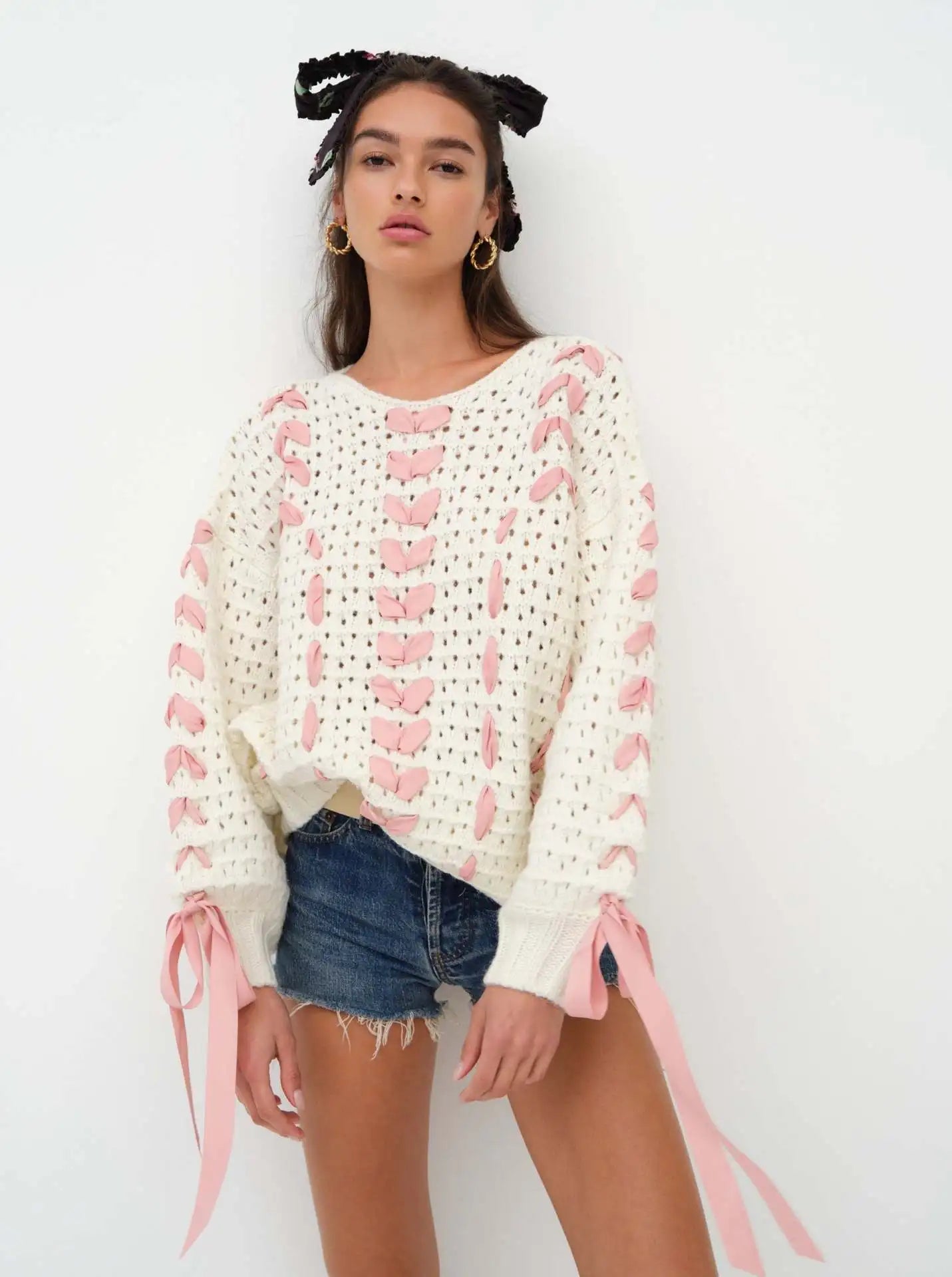 White Knit Pink Ribbon Lace Up Sweater - Free From Label