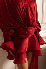 Red Chiffon Pleated Tie Up Full Sleeve Top And Mini Skirt Set