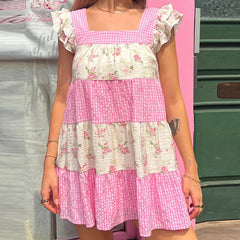 Pink Floral Plaid Patchwork  Ruffles Strap Babydoll Mini Dress