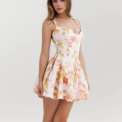 White Floral Print Strap Mini Dress