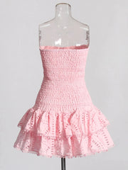 Ruched Strapless Embroidered Frill Mini Dress