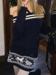 Off-Shoulder Sweater Strap Top And Knit Fuzzyh Mini Skirt