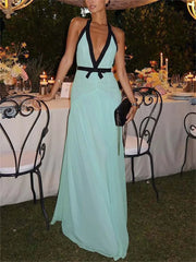 Contrast Trim Blue V-Neck Maxi Dress