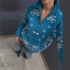 Paisley Knitted Zipper Stand Collar Cardigan Sweatshirt