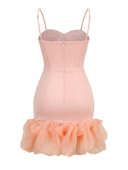 Peach Spaghetti Strap Ruffles Hem Bodycon Mini Dress
