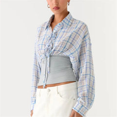 Plaid Button Down Waistband Splicing Blouse