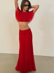 Red Tiered Mesh Crop Top And Maxi Skirt Set