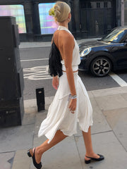 White Asymmetric Seam Midi Skirt