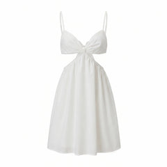 White Spaghetti Strap Front Cutout Back Bow Tie A Line Mini Dress