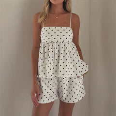 Polka Dot  Spaghetti Strap Peplum Top And Shorts Set