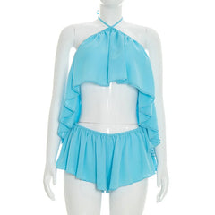 Ruffled Halter Crop Top and Shorts Set